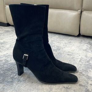 Sergio Rossi 80mm Black Suede Booties Squared Pointed Toe Buckle Sz 39.5